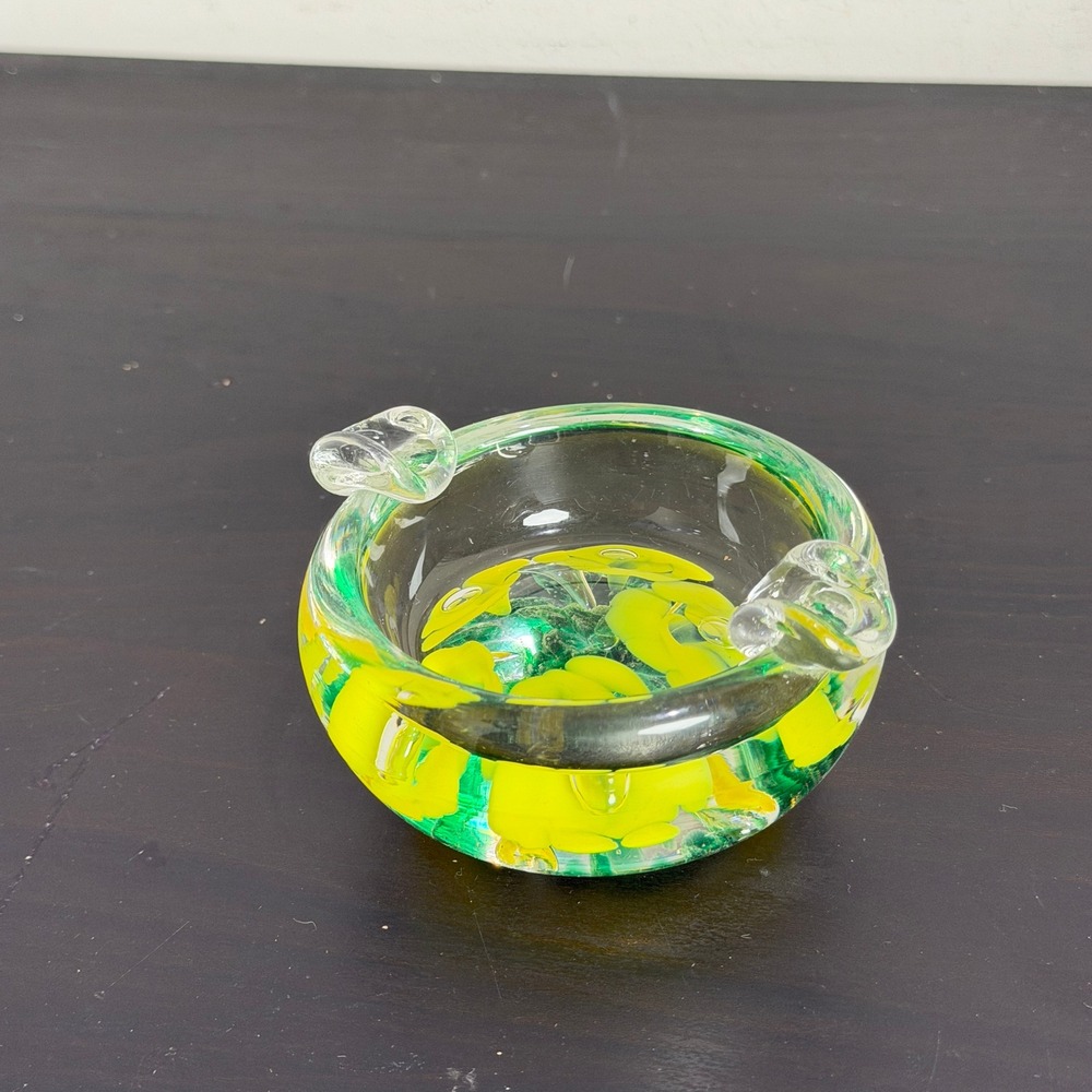 Vintage Murano Style Art Glass Ashtray Green Yellow Flowers Controlled Bubble 3"